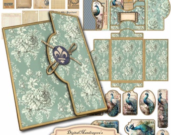 May include: A digital printable kit for creating a peacock themed ephemera holder. The kit includes a folder with a floral pattern, several tags with peacocks, and a clock with a Roman numeral face. The folder is 11 inches by 8.5 inches.