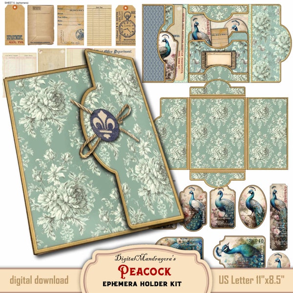 Vintage Peacock Tri-fold Loaded Folder Folio Kit, Easy Junk Journal Ephemera Digital Printable, Peafowl Journal Pockets Cards Hanging Tags