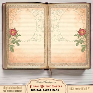Vintage Roses Lined Writing Paper Pack | Shabby Floral Letter Junk Journal Add-On | Botanical Stationery | Instant Digital Download