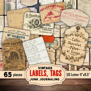 Vintage Labels, Junk Journal cards and hanging tags, digital cut outs, card making, junk journaling elements, 65 pieces, instant download