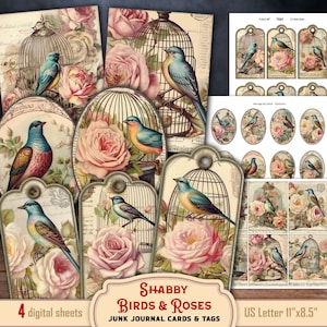 Shabby Birds and Antique Roses ephemera collage scrapbook junk journal cards tags printables add-ons, card making supplies, instant download