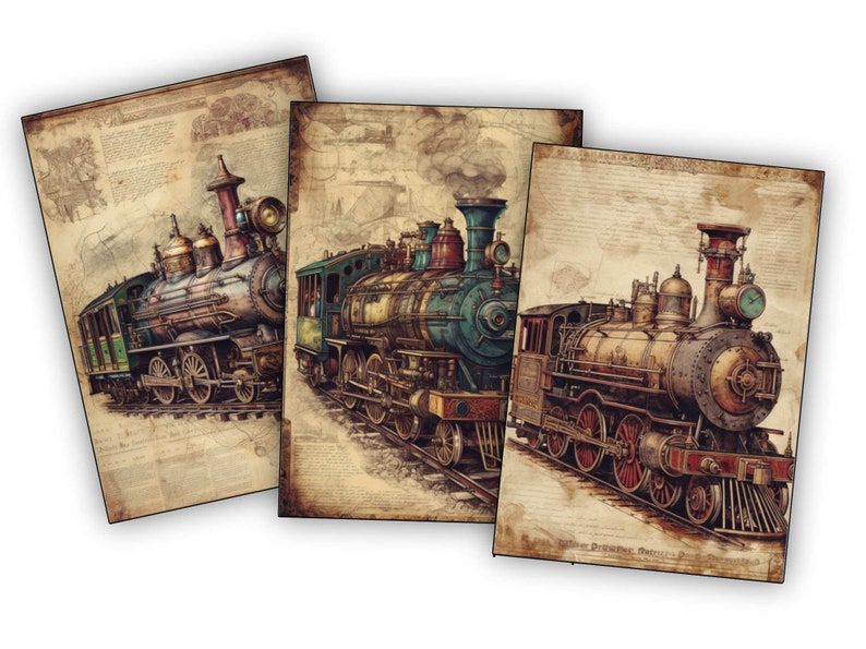 digital download steam locomotive, nostalgic train, Victorian Steampunk, dieselpunk cards, steam fantasy, Victorian traveling, steam transport, steampunk printable, junk journaling, journal cards, digital steampunk, vintage steam trains,