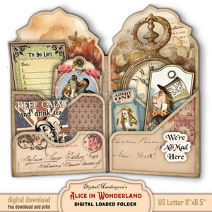 Alice in Wonderland Folio Kit, Whimsical  Loaded Folder, Easy DIY Junk Journal Digital Printable Cards, Journaling Ephemera Hanging Tags