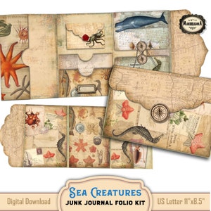 Sea creatures folio kit, Junk Journal kit, Loaded folder, Junk folio kit, Ephemera folio, Pocket folder, Folio print, Digital download