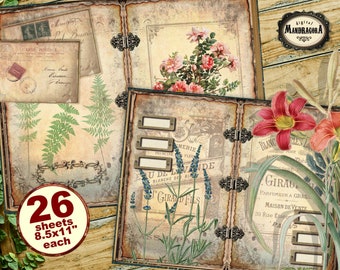 Botanical junk journal kit, cottage chic ephemera junk journal, scrapbook, floral journal pages, floral, junk journal, digital download