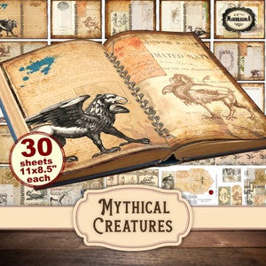 Mythical fantasy creatures junk journal kit with medieval beasts dragon unicorn griffin illustrations,  digital download