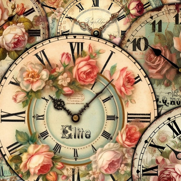 Shabby Cottage core Clock face fussy cut collection with Roses, Vintage Floral Clipart and Victorian Clocks Labels, instant Digital Download