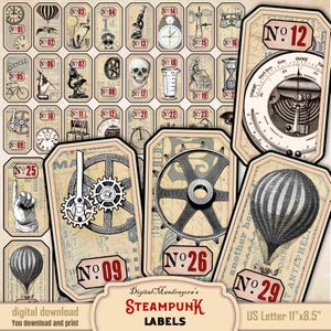 Può includere: Una collezione di etichette steampunk vintage con varie illustrazioni, tra cui ingranaggi, mongolfiere e strumenti scientifici. Le etichette presentano un'estetica di carta invecchiata e usurata con numeri e testo. Il testo "STEAMPUNK LABELS" è visibile.
