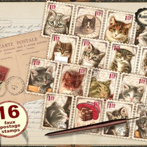 Victorian cats faux postage stamps, journaling stamps,  kitten printable postage stamps, scrapbook stamps, journal stamps, digital download