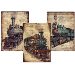 digital download steam locomotive, nostalgic train, Victorian Steampunk, dieselpunk cards, steam fantasy, Victorian traveling, steam transport, steampunk printable, junk journaling, journal cards, digital steampunk, vintage steam trains,