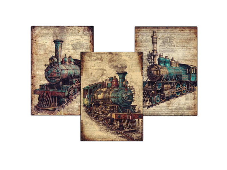 digital download steam locomotive, nostalgic train, Victorian Steampunk, dieselpunk cards, steam fantasy, Victorian traveling, steam transport, steampunk printable, junk journaling, journal cards, digital steampunk, vintage steam trains,