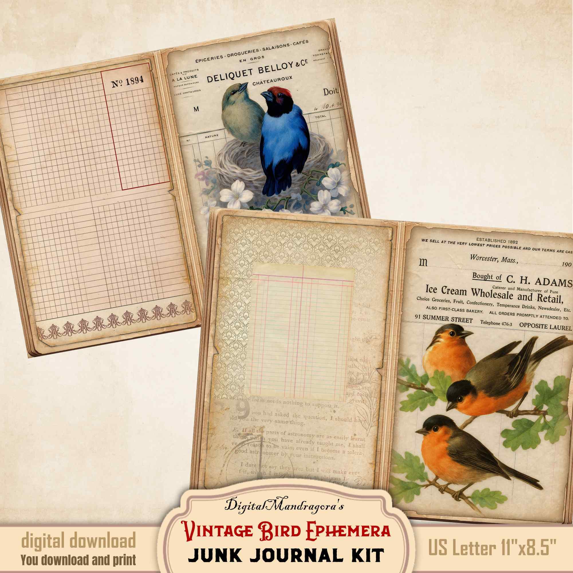 Vintage Bird Ephemera Junk Journal Kit – Printable French Invoice ...