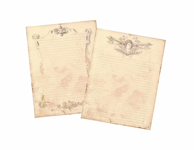 May include: Two blank, lined, vintage-style paper sheets with decorative borders. The top sheet has a scroll-like design with a floral motif. The bottom sheet has a more ornate design with a cherub at the top.