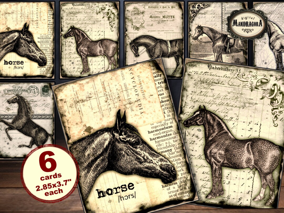 Vintage Horses Cards, Grunge Digital Ephemera Collage ATC for Junk ...