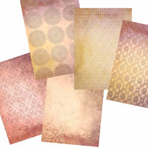 May include: Four digital paper sheets with a pink and gold color scheme. Each sheet features a different intricate pattern.