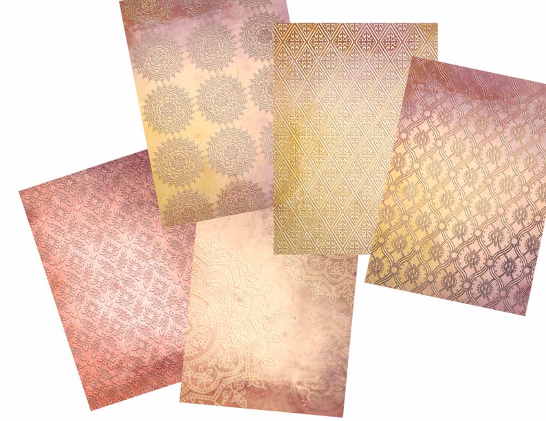 May include: Four digital paper sheets with a pink and gold color scheme. Each sheet features a different intricate pattern.