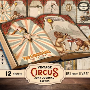 Vintage circus journal pages, circus junk journal, circus scrapbooking, circus cards, circus tickets, digital download