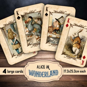 Alice in Wonderland large playing cards, set of 4,  print for framing, Tea party card, Dodo card, white Rabbit, Mad Hatter, digital download