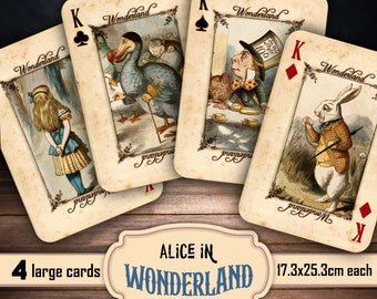 Alice in Wonderland large playing cards, set of 4,  print for framing, Tea party card, Dodo card, white Rabbit, Mad Hatter, digital download