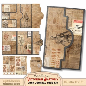 Victorian medical trifold pocket folio loaded folder junk journaling kit with grunge antique human anatomy illustrations, Digital Download