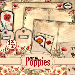 Vintage poppies floral junk journal papers, Foldable digital collage sheet, Journal pockets, Cards, Tags, Journal add-ons, digital download