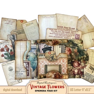 May include: A digital download kit of vintage floral ephemera for scrapbooking and crafting. The kit includes a variety of papers, tags, and other elements in a floral theme. The kit is designed for use with US Letter size paper, which is 11 inches by 8.5 inches.