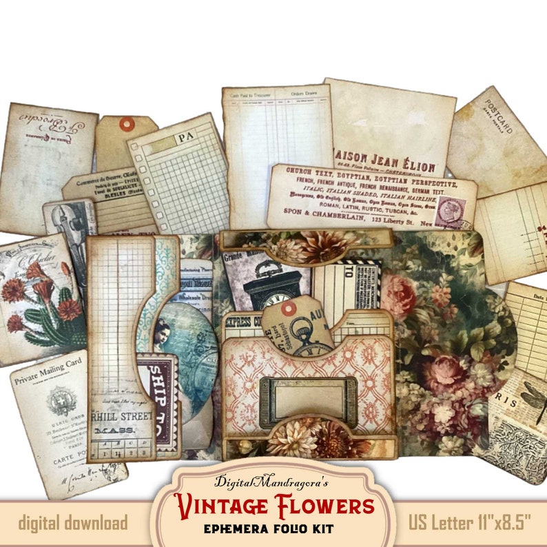 May include: A digital download kit of vintage floral ephemera for scrapbooking and crafting. The kit includes a variety of papers, tags, and other elements in a floral theme. The kit is designed for use with US Letter size paper, which is 11 inches by 8.5 inches.