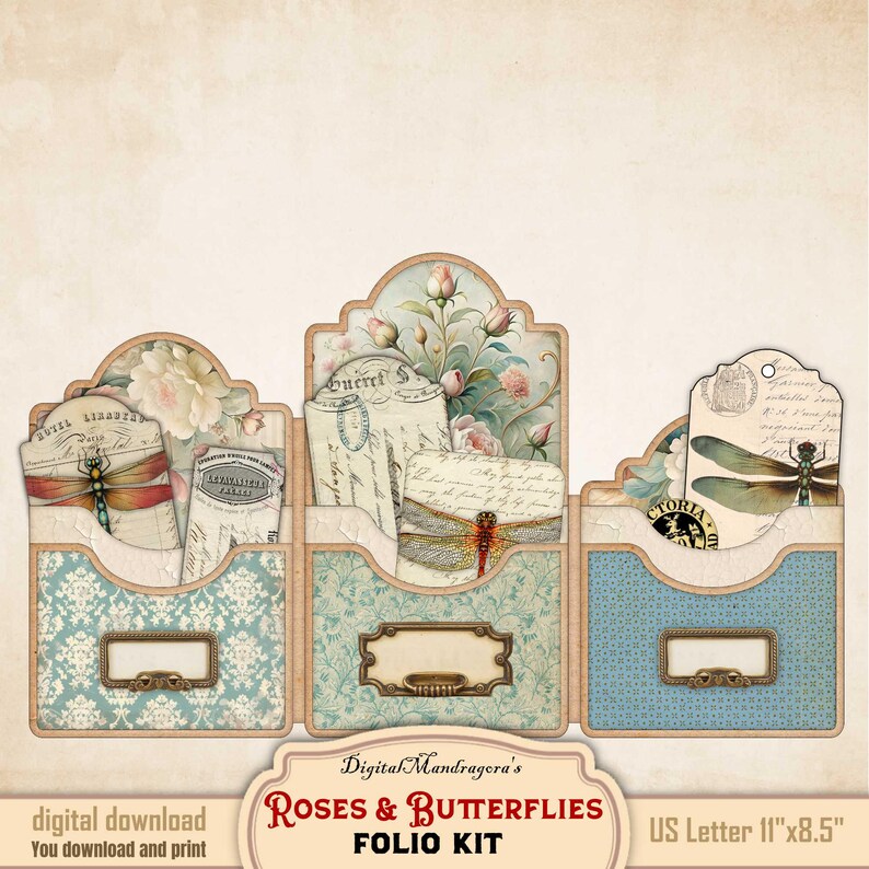 Shabby Floral Junk Journal Folio Kit: Vintage Roses & Dragonflies (PDF ...