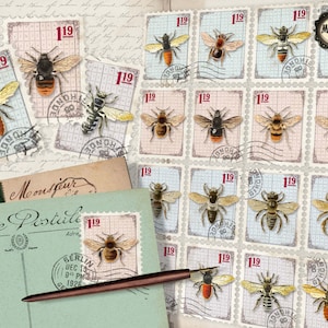Bees faux postage stamps,  bees printable stamps, bees stamp set, bees scrapbook stamps, bees journaling stamps,  digital download