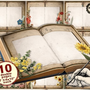 Floral junk journal, double pages, diary, vintage writing,  junk journal paper, scrapbook, vintage  journal sheets, instant digital download
