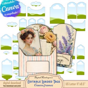 May include: A digital Canva template featuring editable loaded tags with various shapes, including landscape backgrounds, a portrait of a person with flowers, and a tag with lavender and the text Vins de Bourgogne, sized for 11 by 8.5 inches.