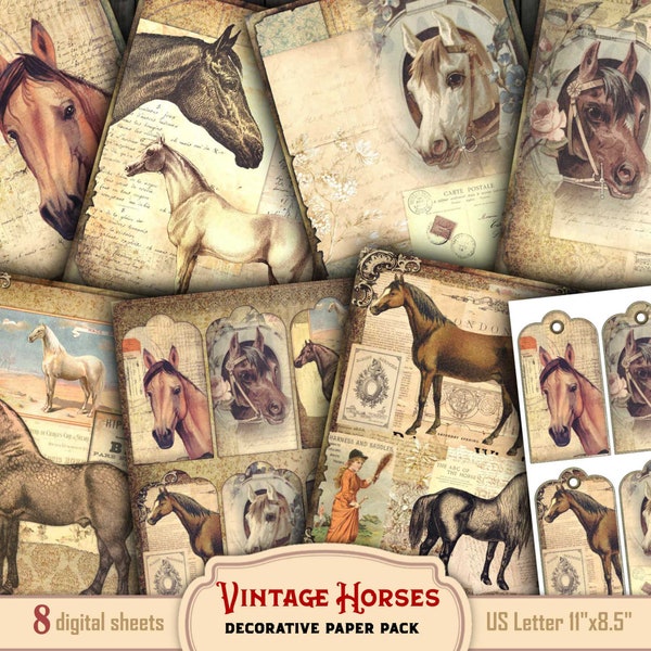 Horses paper pack, equestrian ephemera grunge junk journal add-ons tags, scrapbook supplies, distressed vintage digital collage sheets