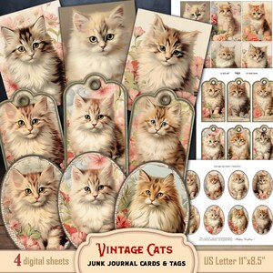 Vintage Cats and Shabby Flowers ephemera collage for Cat Lovers, junk journal cards, tags, printables, digital add-ons, card making supplies