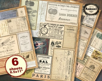 May include: Six sheets of vintage-style digital paper with a collage of images and text in French and English. The paper features images of carriages, sleighs, a clock, a woman, and a beehive. The text includes the words "Paris", "Hippodrome", "Bal", "Bee Hive", "Clothing House", and "Louis Borrie".
