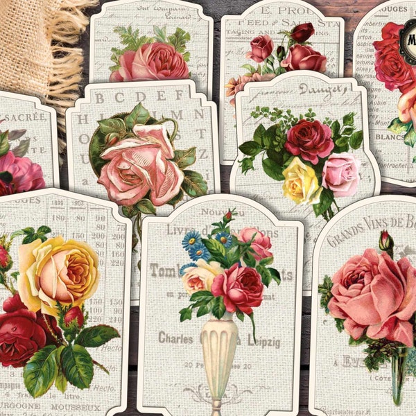 Roses labels, Victorian roses, vintage stickers, roses fussy cuts, roses die cuts, scrapbook labels, junk journal labels, digital download