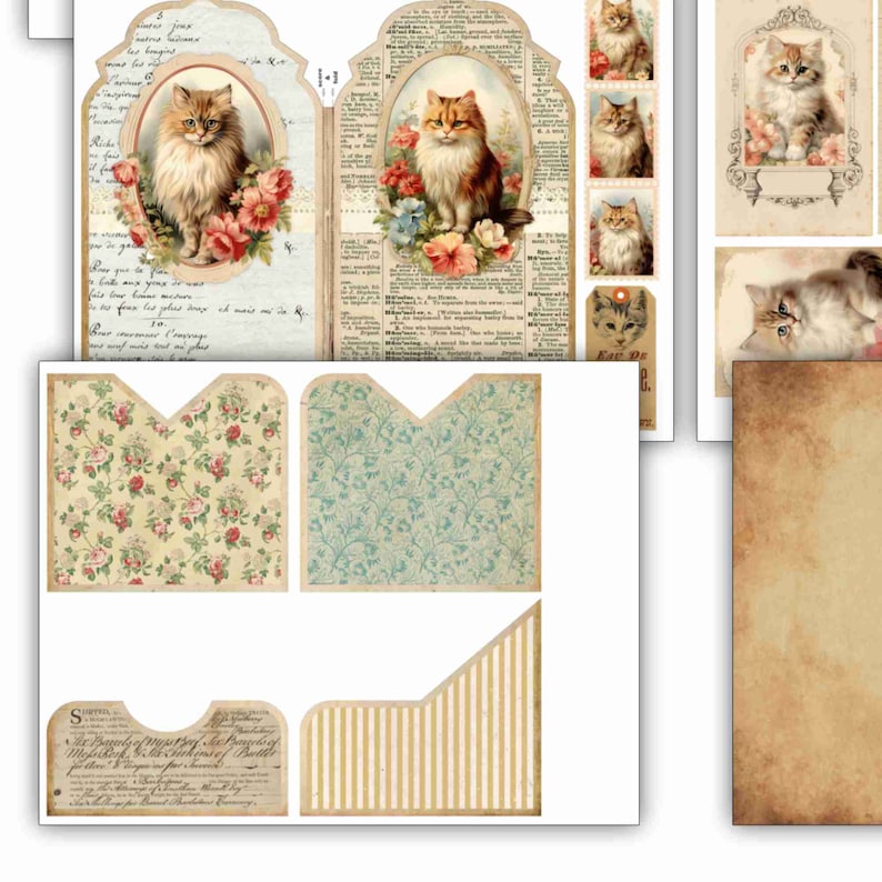 Vintage Cats junk journal folio kit with cards,  journaling tags, instant download