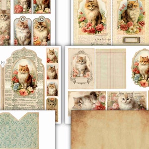 Vintage Cats junk journal folio kit with cards,  journaling tags, instant download