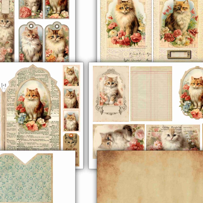 Vintage Cats junk journal folio kit with cards,  journaling tags, instant download