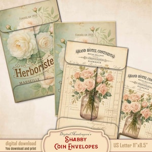 Floral Coin Envelopes Shabby French Style – Junk Journal Printable Ephemera – 3.5&quot;x5&quot; Vintage Envelope Set – Digital Download