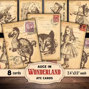 Alice in Wonderland junk journal postcards, Wonderland scrapbooking ATC cards, digital download