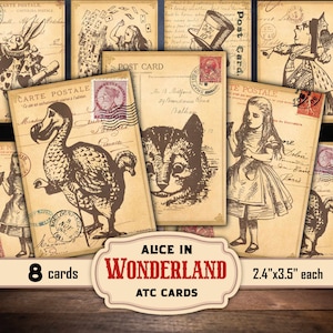 Alice in Wonderland junk journal postcards, Wonderland scrapbooking ATC cards, digital download