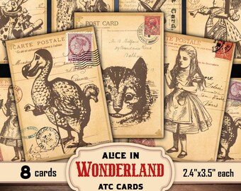 Alice in Wonderland junk journal postcards, Wonderland scrapbooking ATC cards, digital download