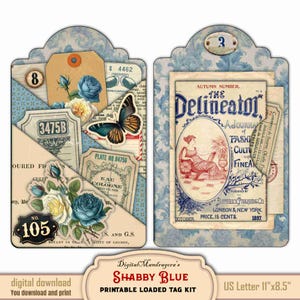 Shabby Blue Roses Loaded  Pocket Tag | Ephemera Holder Kit for Junk Journaling | Vintage Digital Download for DIY Paper Projects & Crafting