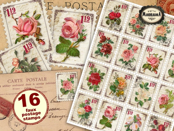 Vintage Shabby Roses Postage Stamps - Free Printable 