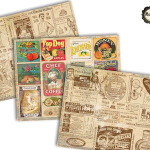 Grunge scrapbooking papers with vintage old adverts, junk journal add-on, scrapbooking ephemera, digital download