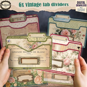 Puede incluir: Seis divisores de pestañas vintage con diseños florales y de papel antiguo. Cada divisor presenta un portaetiquetas y bordes decorativos en varios colores, incluyendo rosa, verde y azul. La imagen incluye el texto "6x vintage tab dividers" y "Digital Download".