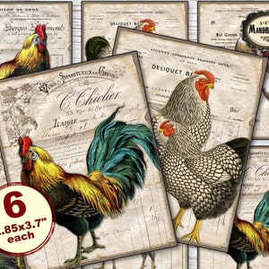 Vintage ledger cards with Roosters and Chicken, digital collage prints for junk journaling and card making
