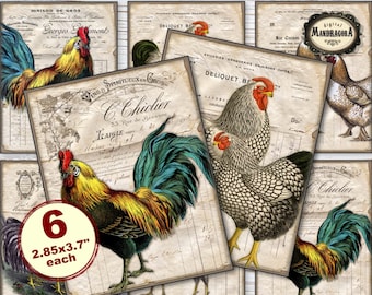 Vintage Rooster Ledger Card Prints: Farmhouse Collage (Digital Download)