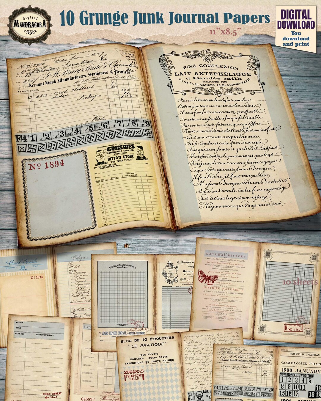 Vintage Grunge Ledger Junk Journal Pages – Printable Stained Paper Pack ...