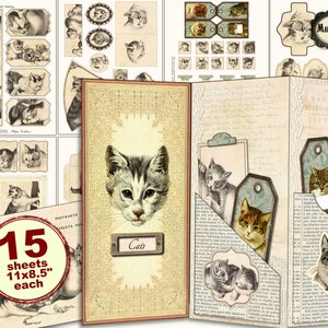 Foldable Junk journal kit with cats, cats papercraft, junk journal embellishments and  supplies, vintage cats & kitten, digital download